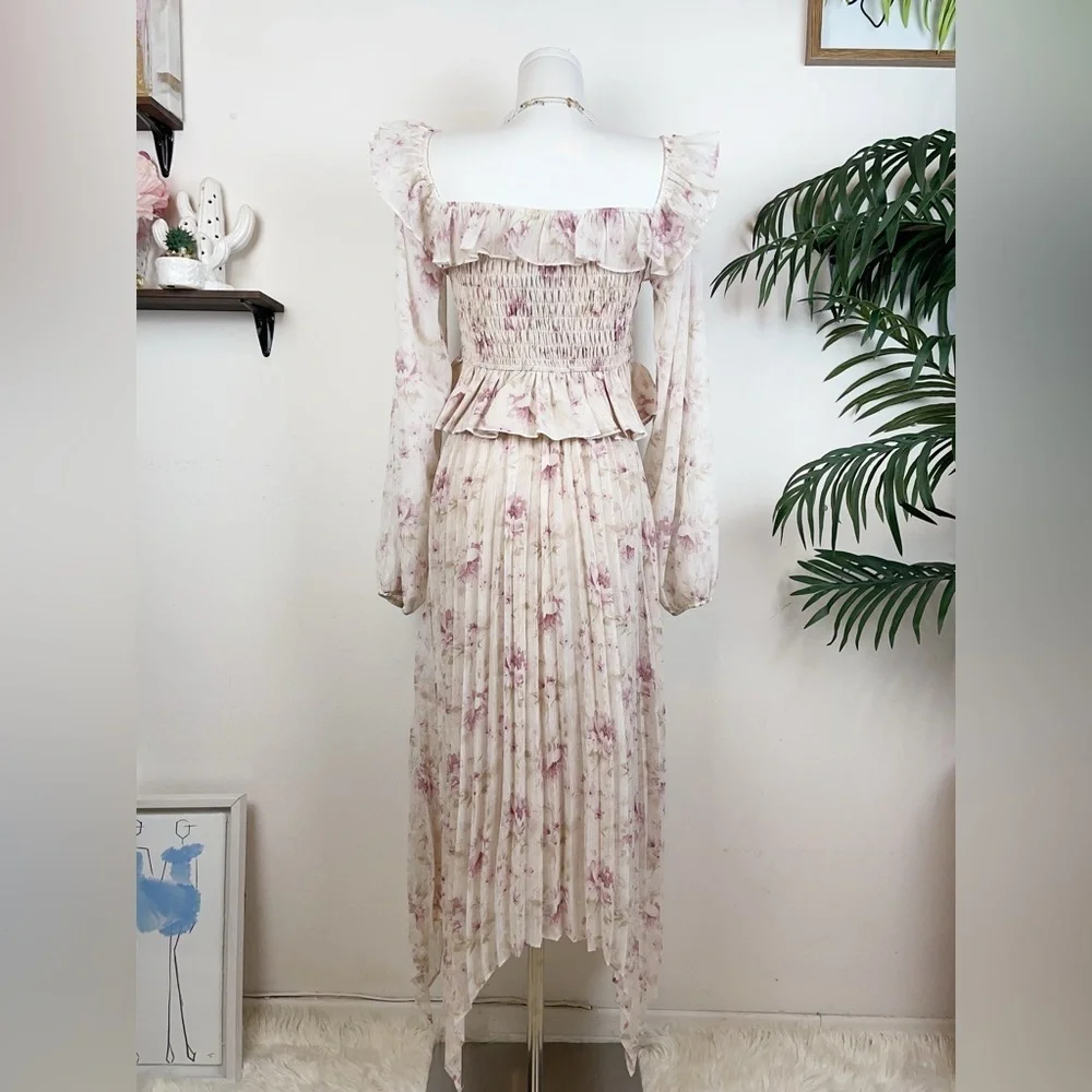 En Saison Kika Chiffon Blouse Top & Pleated Midi Skirt Set in Pink Floral Small